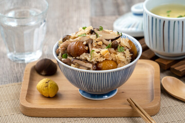 Delicious Japanese chestnut and chicken with shimeji seasoned mixed rice (takikomi gohan).