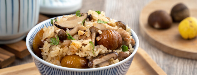 Delicious Japanese chestnut and chicken with shimeji seasoned mixed rice (takikomi gohan).