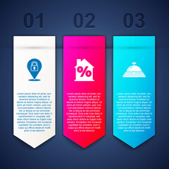 Set Location lock, House with percant discount and Hotel service bell. Business infographic template. Vector.