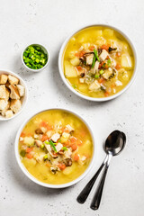 Homemade split pea soup with smoked turkey. Space for text, top view.