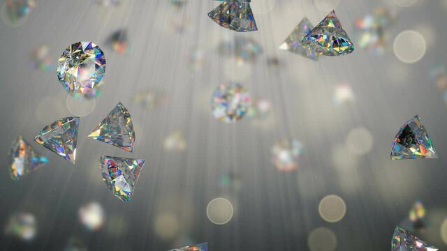Shining brilliant diamonds in light rays. 3D render seamless loop animation