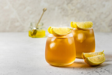 Lemon honey citrus green iced tea. Space for text.