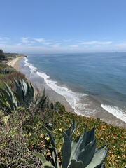 Vertical shot of the Pacific Ocean coast from a hillside in Santa Barbara, California, the USA