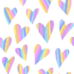 Seamless pattern of colored hearts on a white background. Love symbol. Illustration for wedding and valentine's day. Design for postcards, wallpapers, posters, wrapping paper, fabric, textile, website