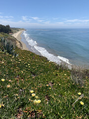Vertical shot of the Pacific Ocean coast from a hillside in  Santa Barbara, California, the USA