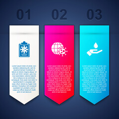 Set Clipboard with blood test results, Earth globe virus and Washing hands soap. Business infographic template. Vector.