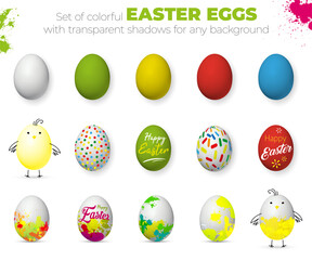 Set of colorful Easter eggs with transparent shadows