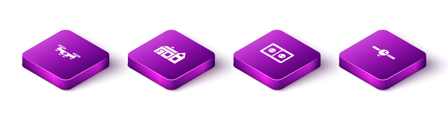 Set Isometric Drone flying, House, Electrical outlet and Wrist watch icon. Vector.