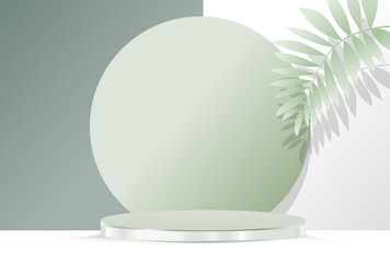 Scene to show cosmetic product. Podium in soft green background with paper leaves