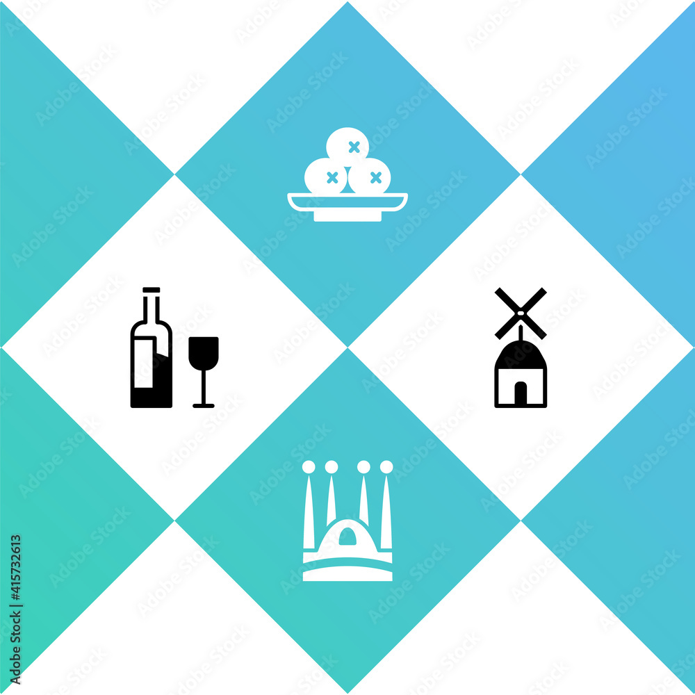 Sticker Set Wine bottle with glass, Sagrada Familia, Olives on plate and Windmill icon. Vector.