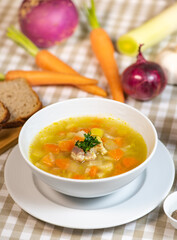 Fresh Vegetable soup in a white bowl, France