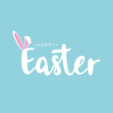 Easter greeting card with bunny or rabbit ears on empty blue background. Place for your text. Vector illustration.