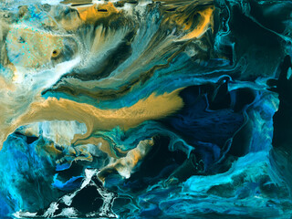 Neonblauer und goldener kreativer abstrakter handgemalter Hintergrund, Marmorbeschaffenheit, abstrakter Ozean © Artlu