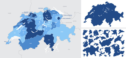 Detailed, vector, blue map of Switzerland with administrative divisions into regions country