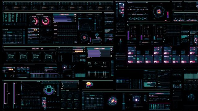 Multicolored futuristic interface with digital elements, folders, histograms, numbers and code running. Looping HUD head-up display computer data. Fade in screen. Data Flowing. Artificial Intelligence