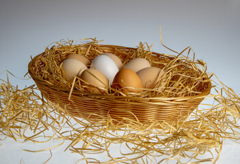 Fresh, rural eggs in basket. Free range.