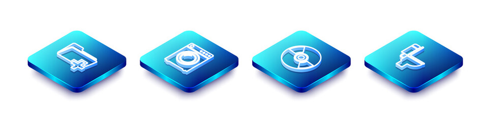 Set Isometric line Add new folder, Washer, CD or DVD disk and Toilet bowl icon. Vector.