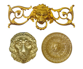 Decorative element in the form of a golden lion head isolated on white background. Design element with clipping path