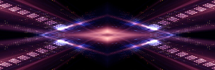 Abstract modern purple neon background. Futuristic rays and moon. Dark LED stage with geometric patterns. Symmetrical reflection, noeon light. 3D illustration. 