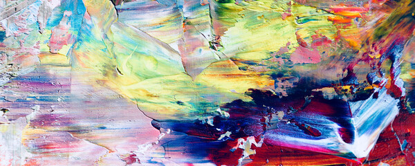 Bunter abstrakter Malereihintergrund. Moderne Motive bildende Kunst. Intensive mehrfarbige Mischung aus lebendigen Ölfarben. Trendige handbemalte Leinwand. Malen Sie Pinselstriche auf Leinwand für trendige Postertapeten. © Valeriy