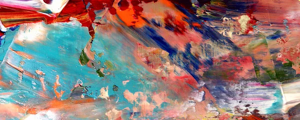 Bunter abstrakter Malereihintergrund. Moderne Motive bildende Kunst. Intensive mehrfarbige Mischung aus lebendigen Ölfarben. Trendige handbemalte Leinwand. Malen Sie Pinselstriche auf Leinwand für trendige Postertapeten. © Valeriy