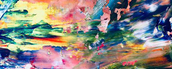 Bunter abstrakter Malereihintergrund. Moderne Motive bildende Kunst. Intensive mehrfarbige Mischung aus lebendigen Ölfarben. Trendige handbemalte Leinwand. Malen Sie Pinselstriche auf Leinwand für trendige Postertapeten. © Valeriy