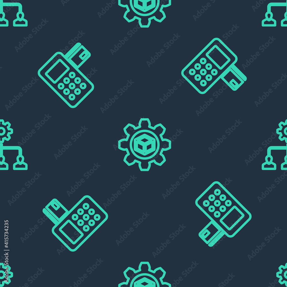 Poster set line product development, pos terminal and lead management on seamless pattern. vector.