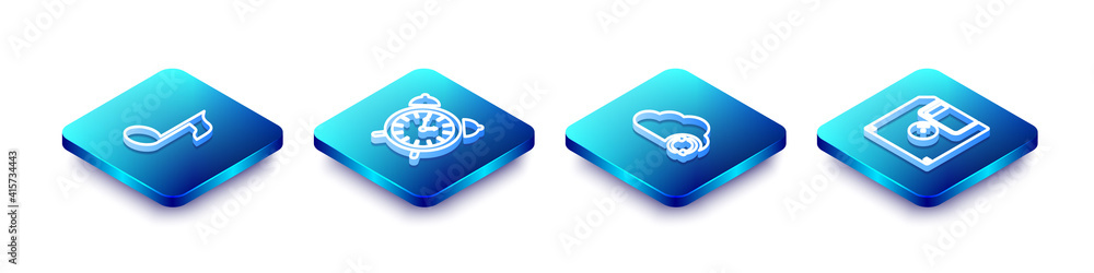 Poster set isometric line music note, tone, alarm clock, cloud sync refresh and floppy disk icon. vector.