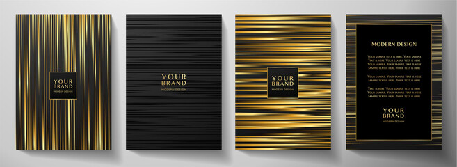 Modern black stripe cover design set. Luxury creative gold dynamic line pattern. Formal premium vector background for business brochure, poster, notebook, menu template 