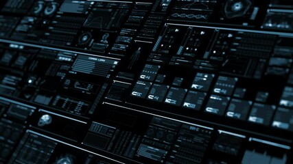 Perspective view of cerulean futuristic interface with digital elements, folders, histograms, numbers and code running. Looping HUD head-up display computer data. Fade in screen. Data Flowing - Powered by Adobe