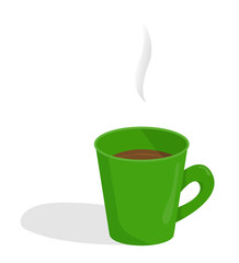 Hot green cup with coffee or tea, cartoon. Isolated colored object on a white.