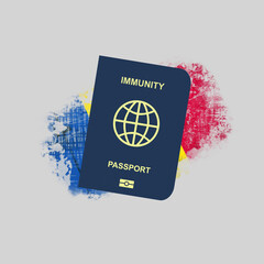Immune Passport, against the background of the flag of Romania. For entering the country, people vaccinated or recovered from COVID-19.