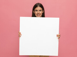 beautiful casual woman showing a blank billboard