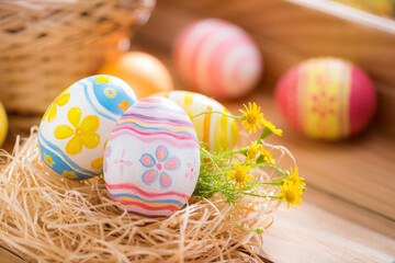 Happy Easter day colorful eggs in nest and flower on wood with window lighting