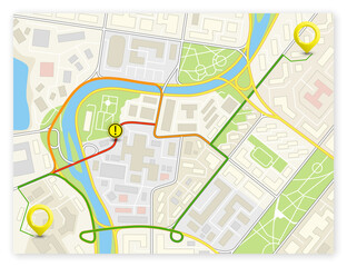 City map navigation route, color point markers design background, flat drawing schema, simple city plan GPS navigation, itinerary destination arrow paper city map. Route delivery check point graphic