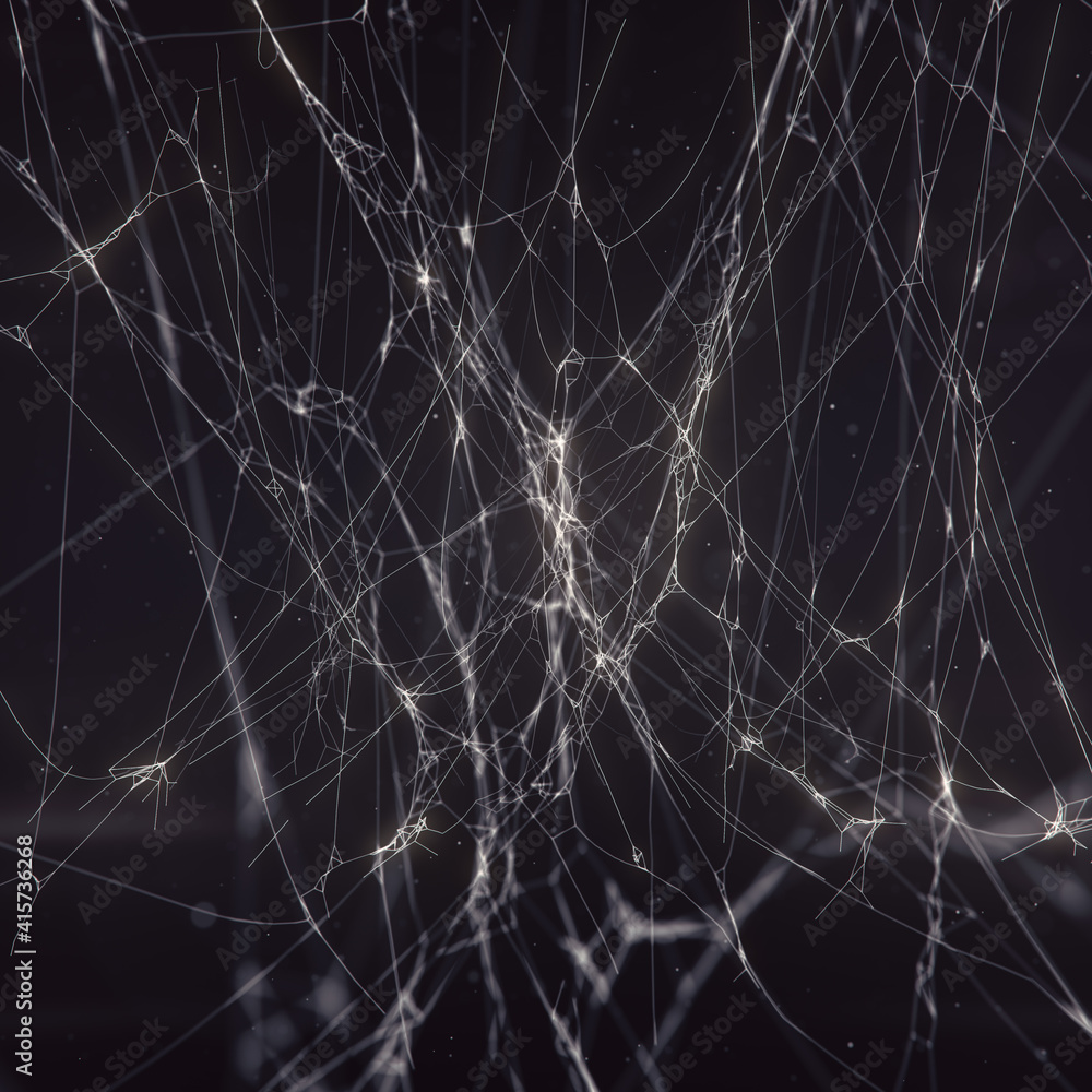 Poster abstract mysterious spider net surrounded by flying particles on dark background. 3d rendering digit