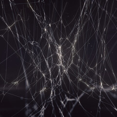 Abstract mysterious spider net surrounded by flying particles on dark background. 3d rendering digital illustration