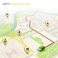 City map navigation route, point markers delivery van, schema itinerary delivery car, city plan GPS navigation map, itinerary destination arrow city map. Route delivery truck check point graphic
