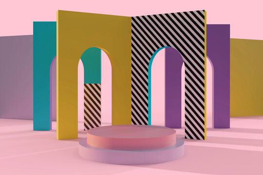 Colorful memphis style inspiration 3d render. Abstract geometric composition with podium for product mockup.