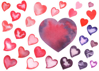 Watercolor Red and Violet Love Valentine's day Hearts