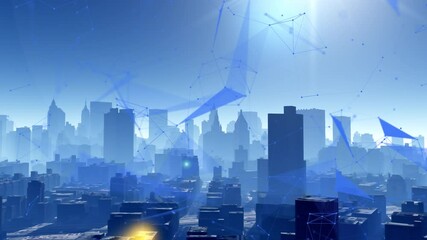 4k digital urban building and skyscrapers;abstract tech geometrical lines nodes with moving triangles and connection dots.