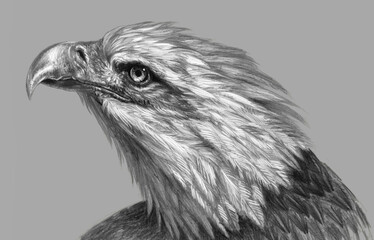 Realistic freehand drawing. Eagle head isolated on a gray background. Monochrome illustration