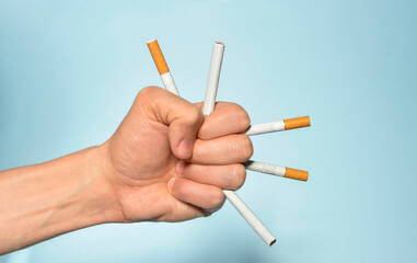 Hand holding many cigarettes and blue background. Stop smoking, World No Tobacco Day on May 31 concept. Selective focus