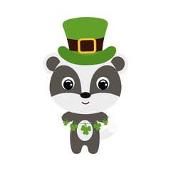 Cute badger in green leprechaun hat. Cartoon sweet animal with clovers. Vector St. Patrick's Day illustration on white background. Irish holiday folklore theme.