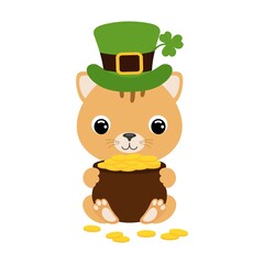 Cute cat in green leprechaun hat with clover holds bowler with gold coins. Cartoon sweet animal. Vector St. Patrick's Day illustration on white background. Irish holiday folklore theme.