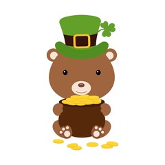Cute bear in green leprechaun hat with clover holds bowler with gold coins. Cartoon sweet animal. Vector St. Patrick's Day illustration on white background. Irish holiday folklore theme.