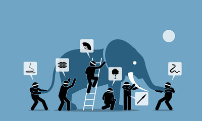 Six blind men touching an elephant. Vector illustrations depict six blindfolded people with different perceptions, impressions, ideas, opinions, beliefs, and interpretation towards an elephant. - obrazy, fototapety, plakaty