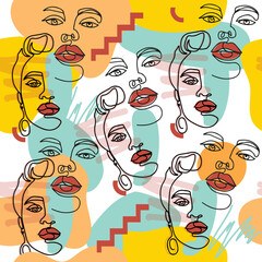 Portrait of a young girl abstract style seamless pattern. Continuous line drawing.  One line face art vector illustration isolated