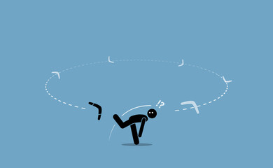 Man throwing a boomerang and surprised when it flew back to hit him from the back. Vector illustration depicts execution problem, karma, bad luck, after effect, repercussion, and consequences. - obrazy, fototapety, plakaty