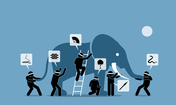 Six blind men touching an elephant. Vector illustrations depict six blindfolded people with different perceptions, impressions, ideas, opinions, beliefs, and interpretation towards an elephant.